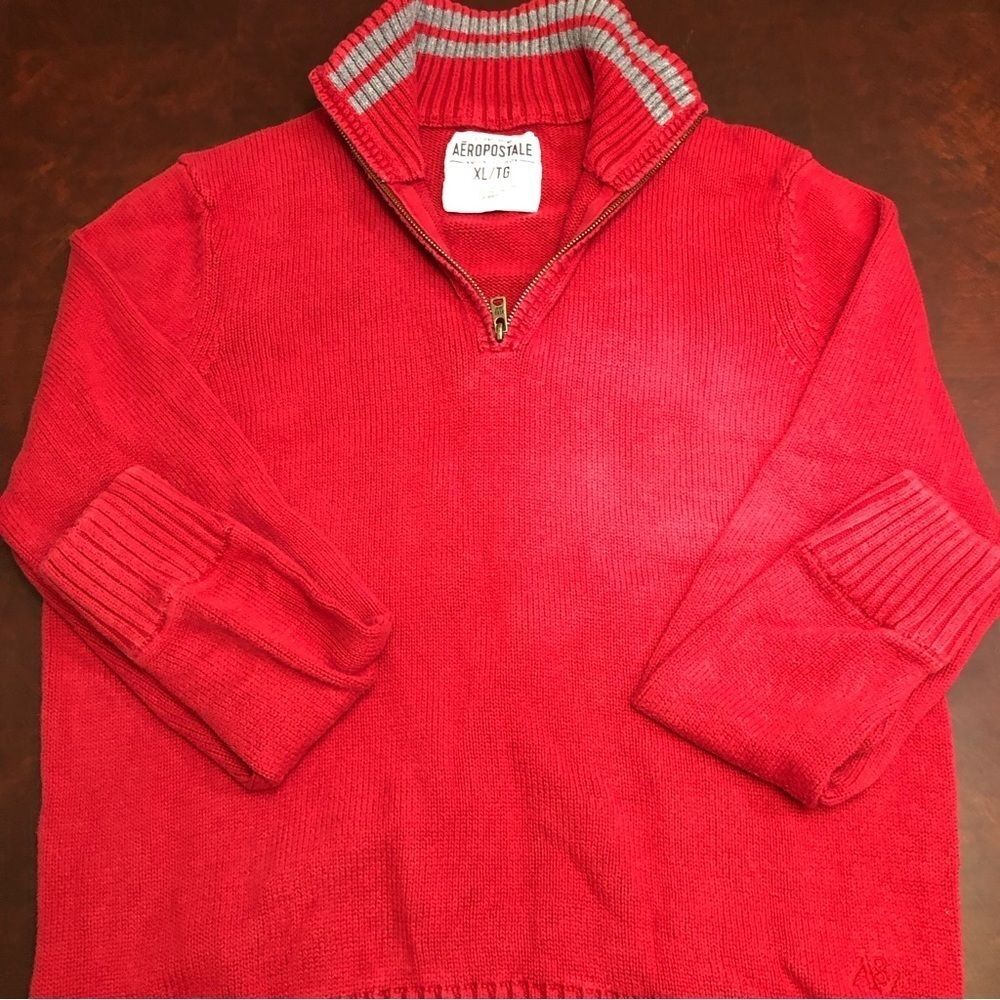 AEROPOSTALE Men’s Retro Knit Zippered Mock Neck Red Sweater Stylish Size…